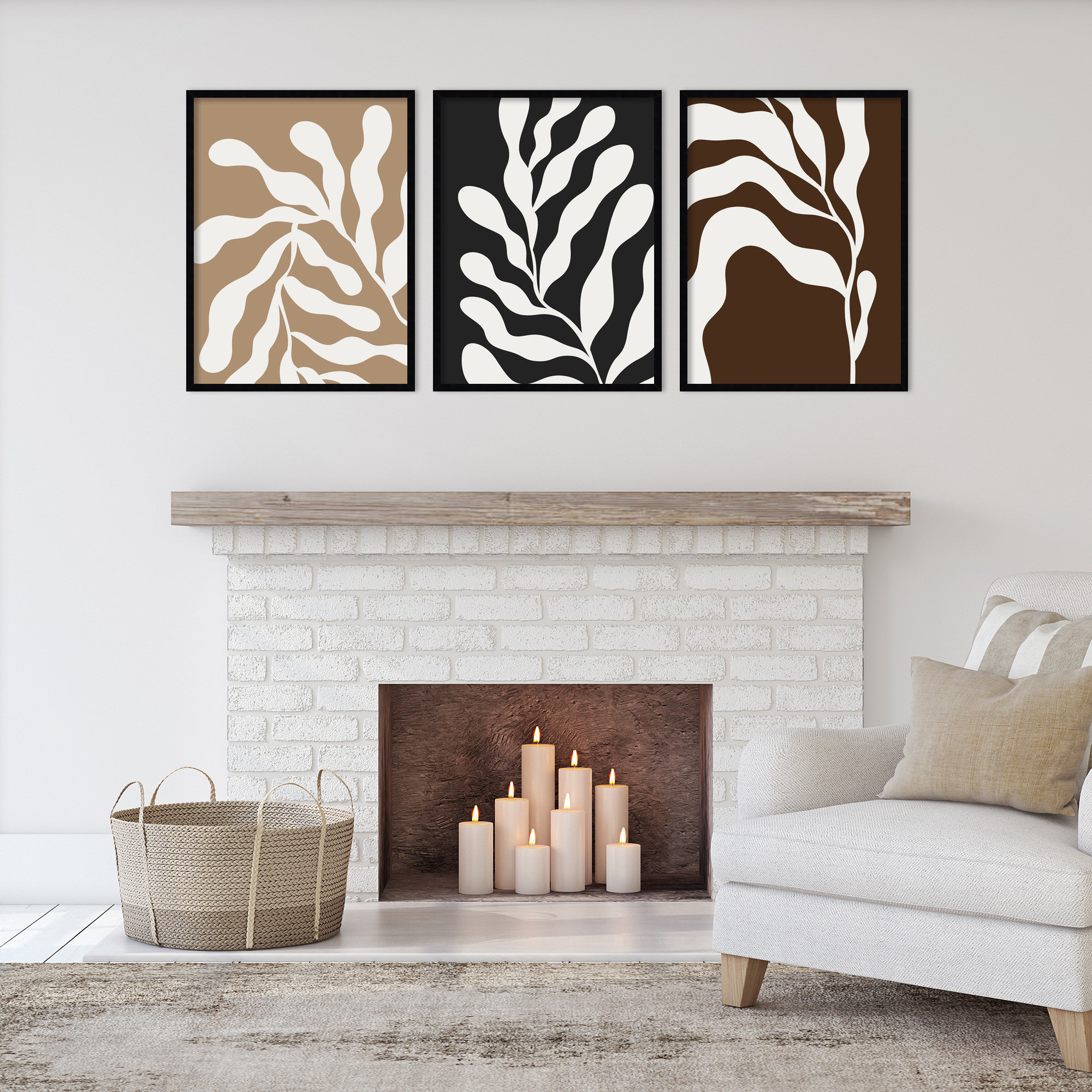 Retro Matisse Inspired Abstract Botanical - 3 Pieces by Erminia, 80" W x 33" H, Black
