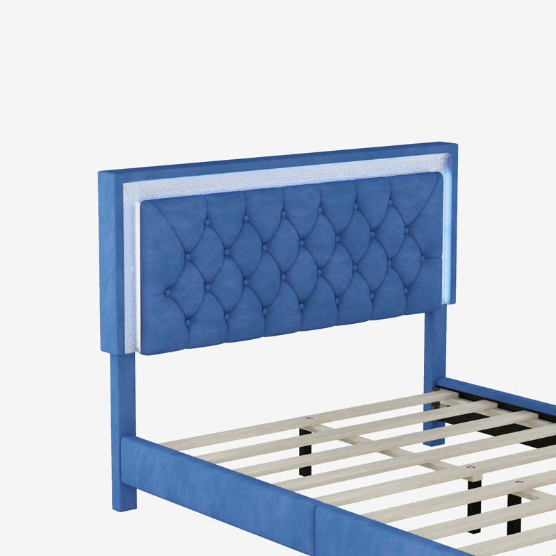 Mikhale Modern Velvet Platform Bed with Tufted Headboard and LED Lights, Blue, Full