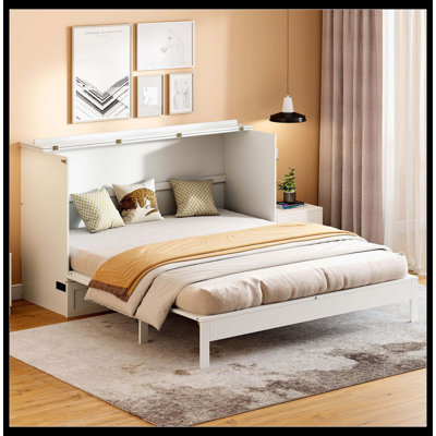 Grand lit escamotable avec grands tiroirs, blanc