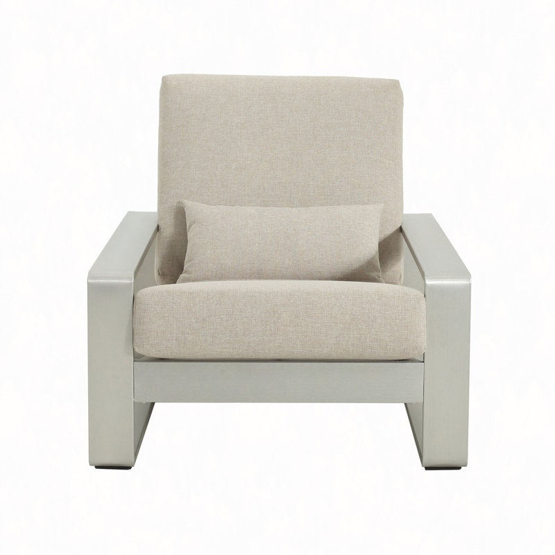 Outdoor And Indoor Aluminum Lounge Chair, Frame With Cushion, Set Of 1, Beige Cushion/Silver Frame