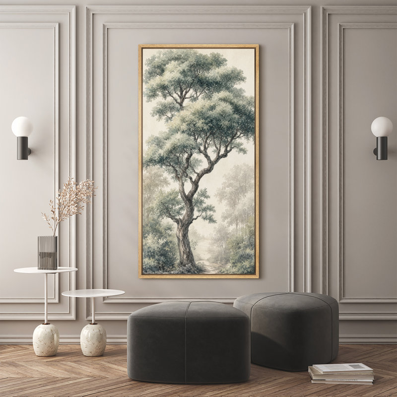 «Elegant Lone Tree Forest Landscape Soft Green Botanical Nature Decor Extra Large», reproduction d'art sur toile encadrée
