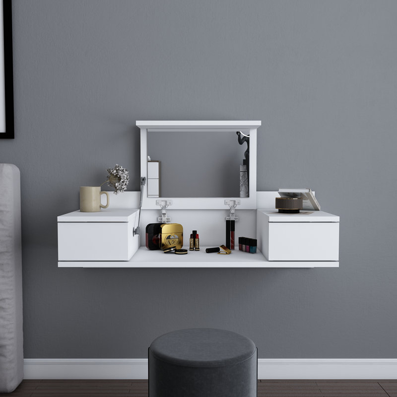Bureau de coiffeuse flottant avec miroir Lenhardt, Blanc