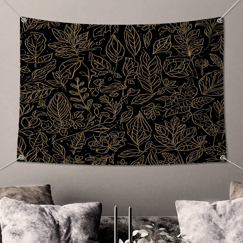Tapisserie murale feuille d'or - Décoration murale botanique, H 104 po x 88 avec 4 œillets