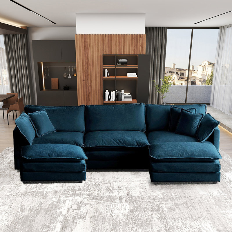 111.5" U-Shaped Modular Sectional Sofa With Movable Ottomans, Blue Chenille