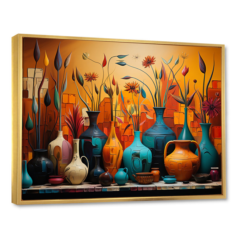 «Orange Boho Pottery Expressions I», art sur toile Boho Pottery, H 34 po x l 44 po x P 1,5 po, Cadre flottant doré