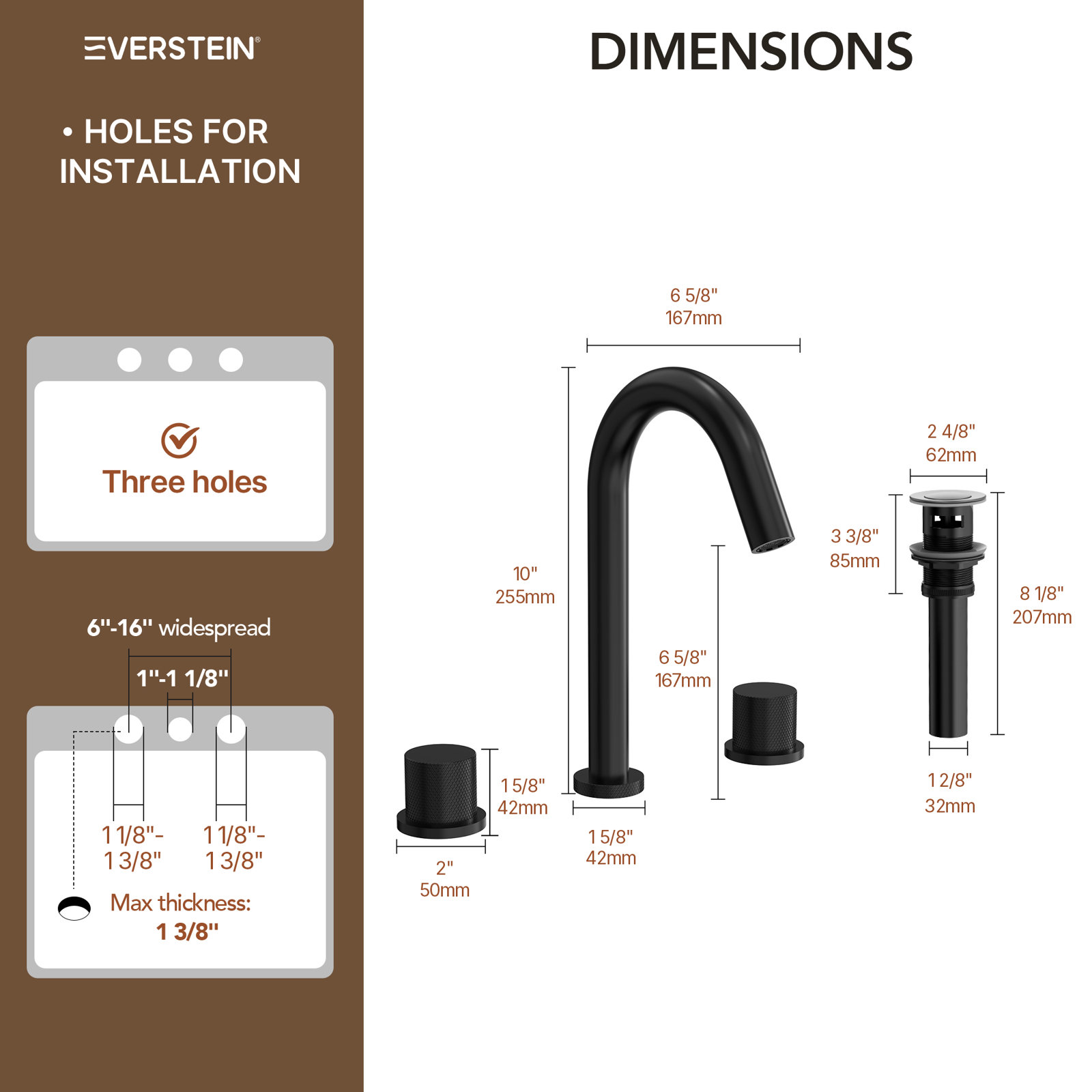 Widespread Bathroom Faucet with Drain, Matte Black