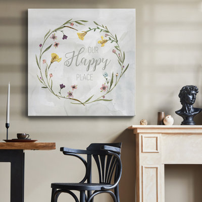 Our Happy Place Pressed Wreath - Toile tendue avec châssis de qualité supérieure - prête à être accrochée