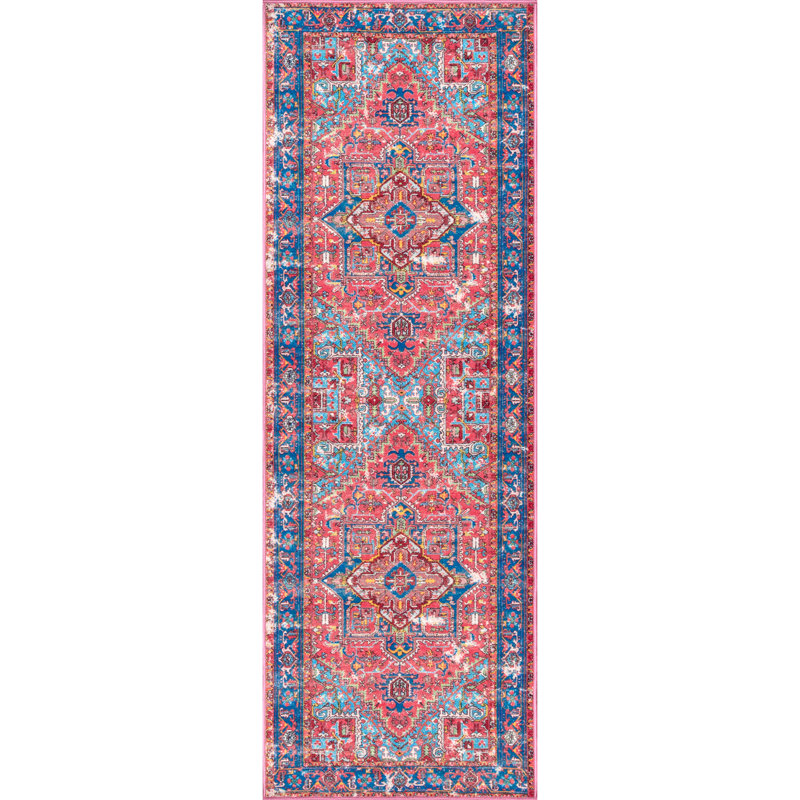 Tapis rouge / rose / bleu / bleu sarcelle Knute Dynasty, Tapis de couloir 2 pi 8 po x 8 pi