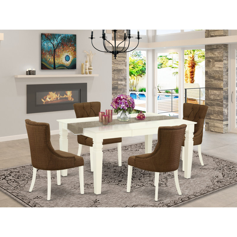 L'ensemble de table de salle à manger 5 pièces pour 4 personnes comprend une table de cuisine rectangulaire avec rallonge papillon et 4 chaises Parson en tissu brun, lin blanc