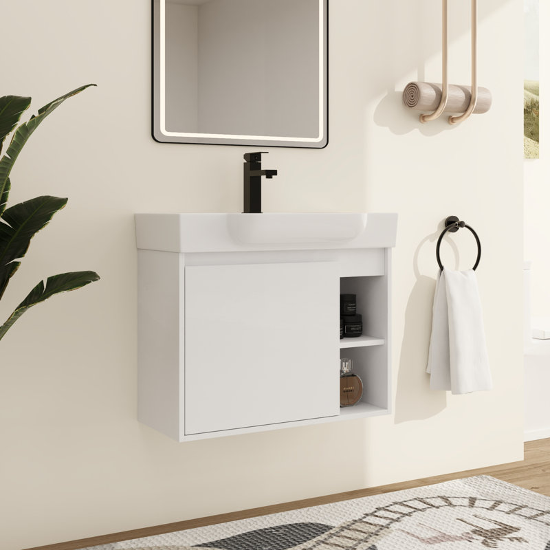 Meuble-lavabo simple Marnar 28 po avec comptoir en céramique, meuble-lavabo mural avec lavabo en céramique, Blanc, 28"