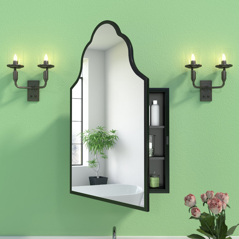  20"x32" Recessed or Surface Mount Black Arched Medicine Cabinet for Bathroom, Artistic Decorative Mirror with Storage, Full Metal, Easy Installation
