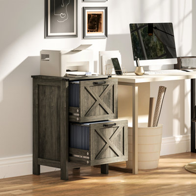 Classeur rustique gris à 2 tiroirs Rustic, tiroirs à ouverture en douceur, dispositif de basculement, rangement réglable pour format A4 / lettre, support d'imprimante, limite de poids de 77 lb avec portes de grange, coulissant