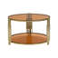 Table basse moderne en verre brun, métal asymétrique, base cylindrique en métal, finition dorée et tablette inférieure