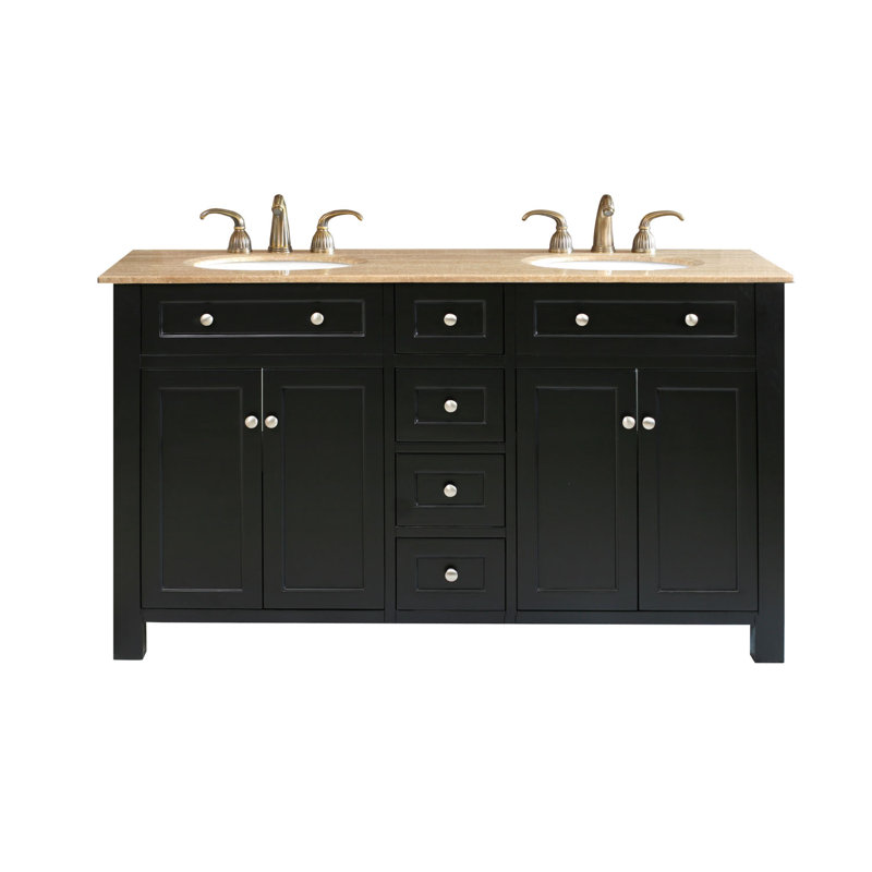 62'' Double Bathroom Vanity with Travertine Top, Ebony