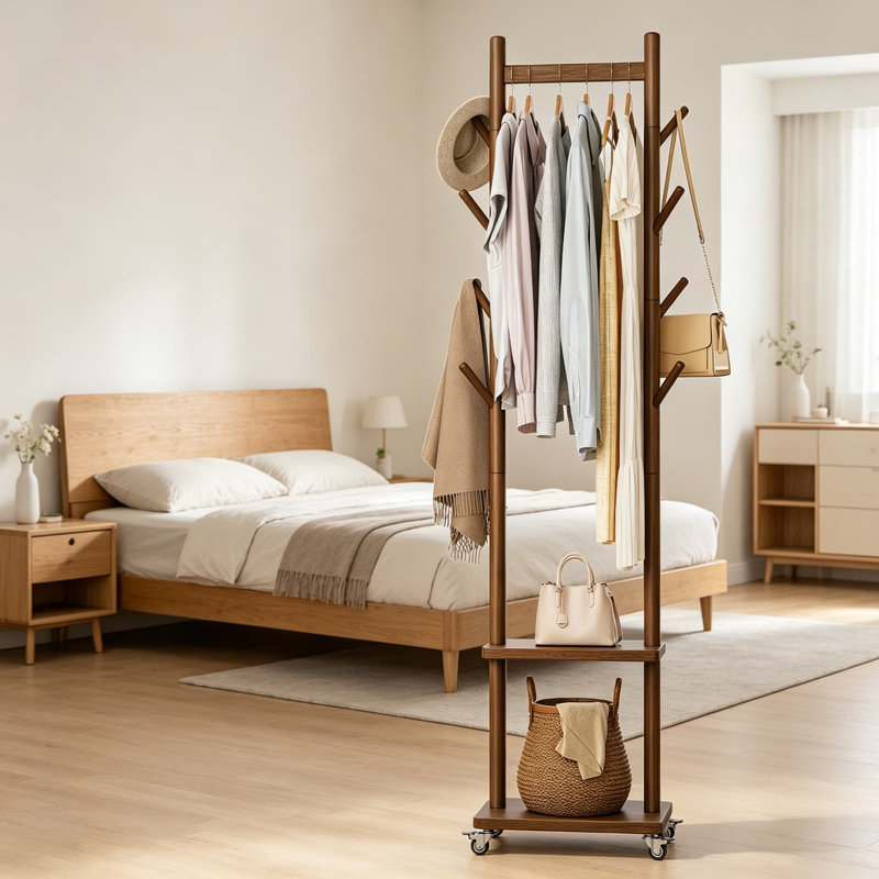 Portemanteau en bois massif autoportant avec roues, portemanteau roulant robuste avec 8 crochets et tablettes, portemanteau portatif pour suspendre les vêtements, portemanteau pour entrée, salon, chambre à coucher, noyer