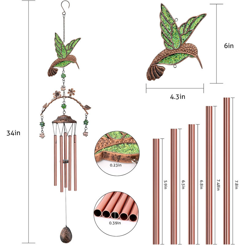 Carillon à colibri vert pour l'extérieur 34 pouces 5 tubes en aluminium