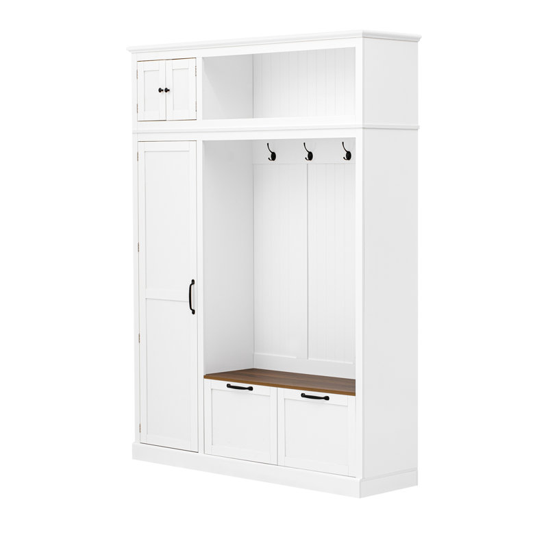 3-In-1 Hall Tree With Overhead Storage Cabinet, 3 Adjustable Side Shelves, 4 Heavy-Duty Hooks, 2 Spacious Drawers, Grooved Back Panel Design, Contrasting Seat Bench, Multifunctional Entryway Organizer