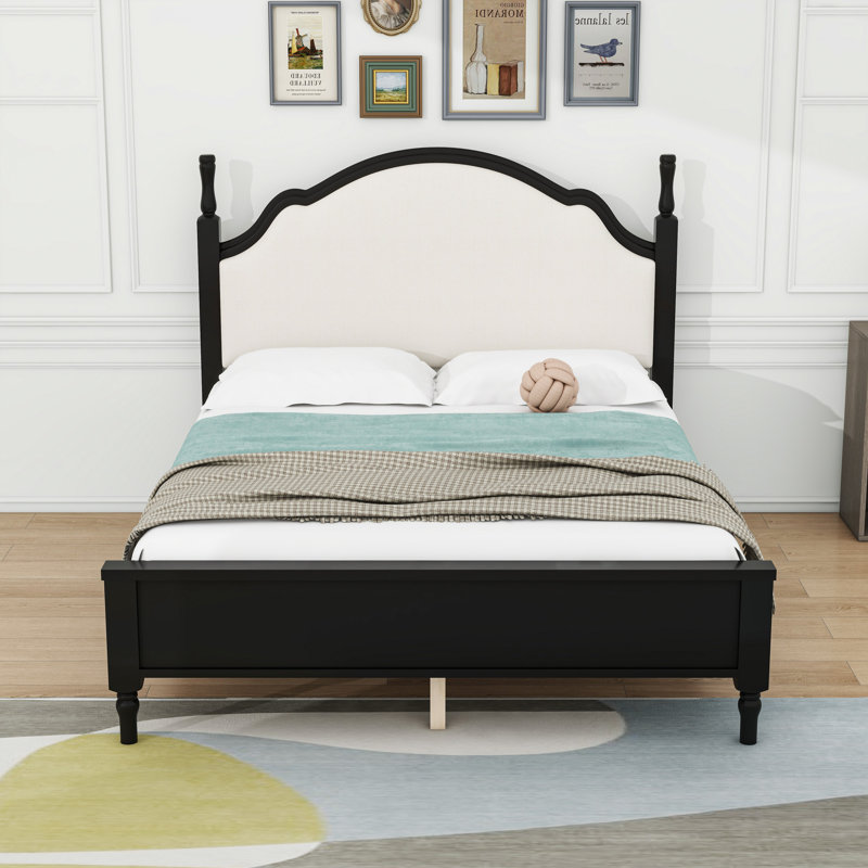 Lit plateforme en bois avec tête de lit tapissier, Black/Beige, Queen