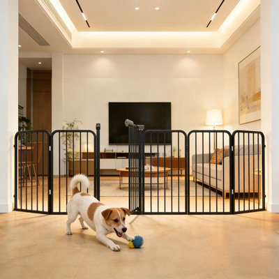 Barrière pour chien autoportante pliable à 6 panneaux, parc pour animaux très grand avec une seule main et système de verrouillage double, clôture intérieure pour chien sans perceuse réglable pour les portes, les escaliers et les espaces de maison larges