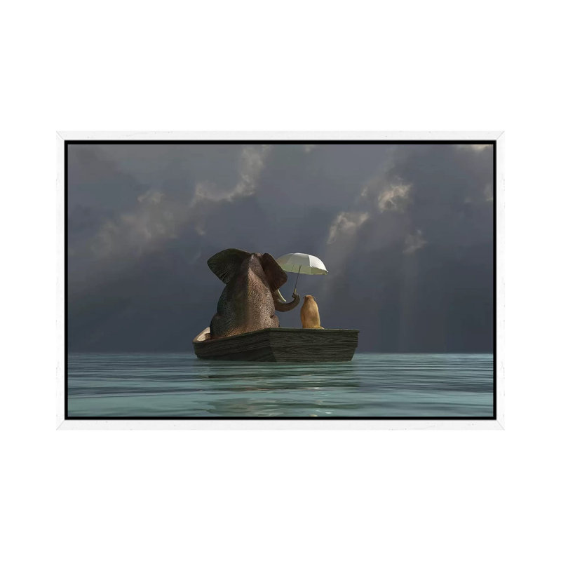 Elephant And Dog Are Floating In A Boat II by Mike Kiev - Print on Canvas, 101.6 cm H x 66.04 cm W, White Framed Canvas