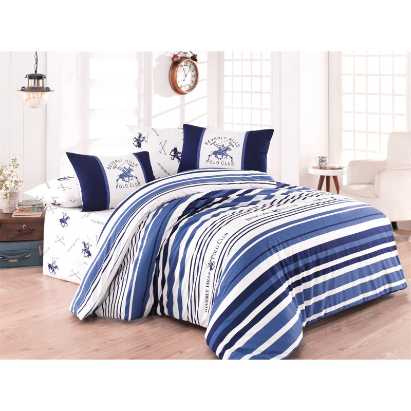 Ensemble de housse de couette en coton, Housse de couette très grand + 2 taies d'oreiller, Bleu / blanc