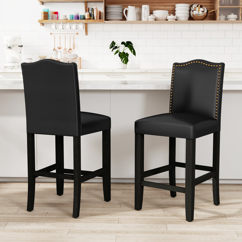 Pu Leather Upholstered Wooden Counter Height Bar Stools With Nailheads And Rubber Wood Legs For Home Kitchen And Restaurant