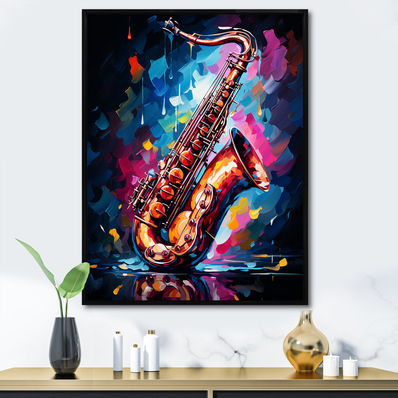 Blue Vibrant Saxophone Rythme - musique, art mural, Cadre flottant noir, H 40 po x l 30 po x P 1,5 po