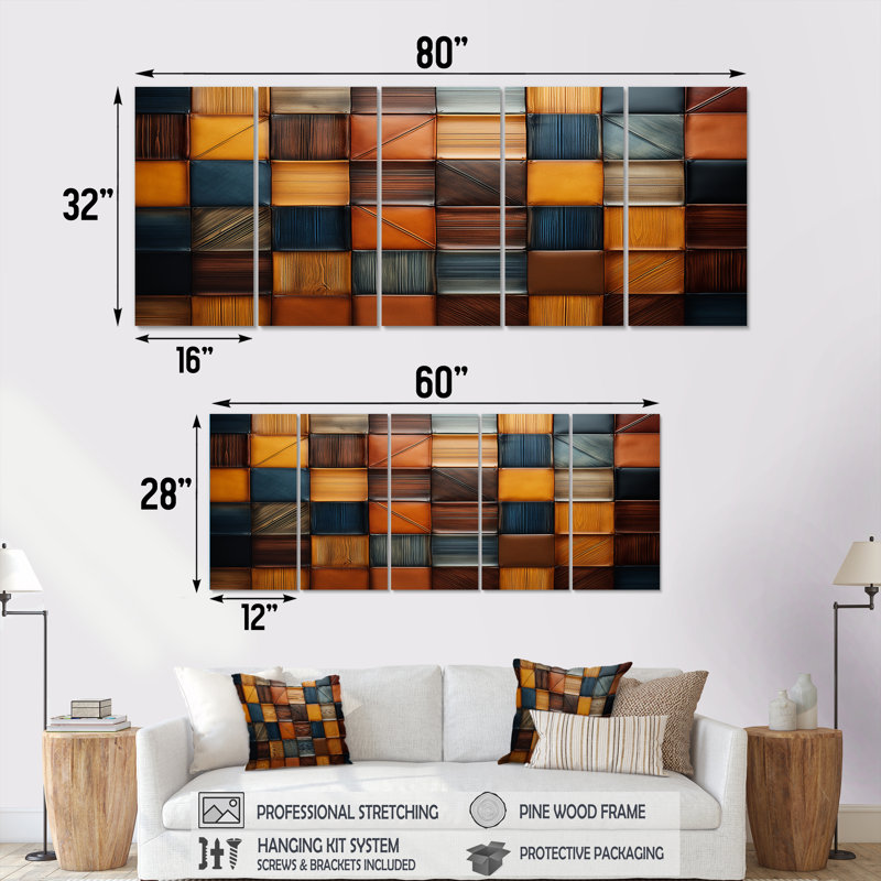 Ensemble de 5 mosaïques géométriques abstraites géométriques à motif géométrique brun II, H 28 po x l 60 po