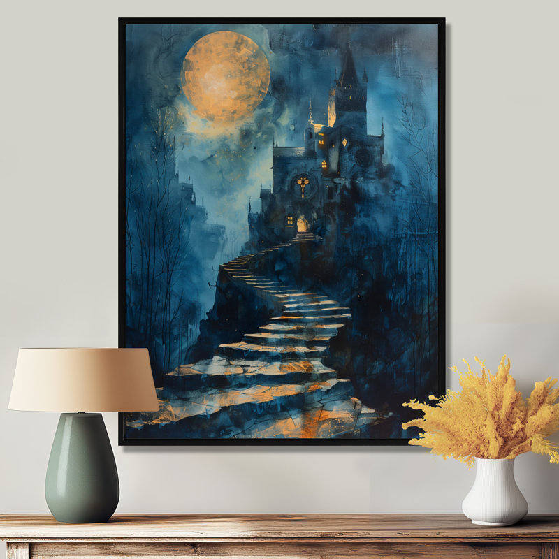 Orange, bleu, hiver, clair de lune, entrepôt, chateau, chateaux, salon, art mural, Toile avec cadre flottant noir