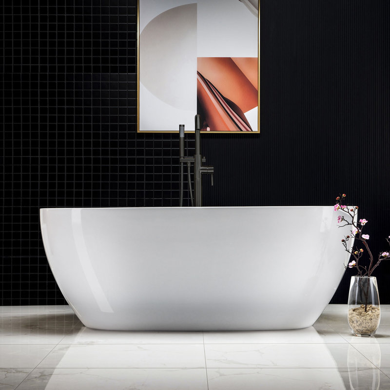 67" x 32" Freestanding Double Ended Soaking Acrylic Bathtub, White, Matte Black