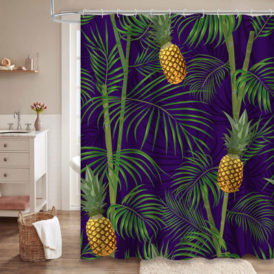 Rideau de douche à motif de palmiers exotiques foncé foncé avec 12 crochets