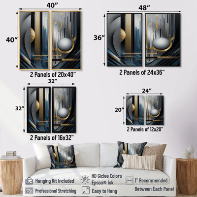 «Minimal Tech Blue Silver Sphere», art mural géométrique, impression sur toile abstraite dorée 2 pièces