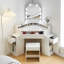Corner Dressing Table with Stool, Makeup Vanity Desk with Charging Socket and LED Mirror
