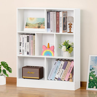 7 Cube Bookshelf with Base,3 Tier Mid-Century Modern Bookcase,Standing Wide Bookshelves Storage Organizer Shelf,Rustic Wood Display Cabinet Book Shelves for Bedroom,Living Room,Office
