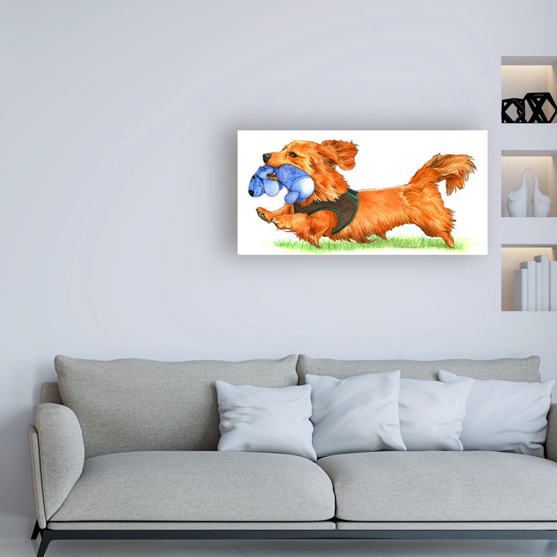 « teckel dog », reproduction de peinture à l’aquarelle sur toile tendue, H 24 po x l 47 po x P 2 po