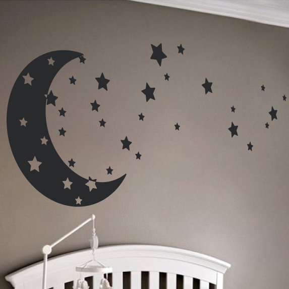 Adhésif décoratif lune et étoiles, Noir, H 30 po x l 65 po x P 0,01 po