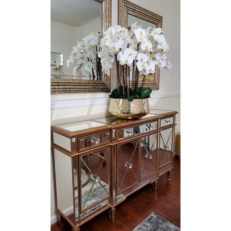 Roberi bowl with multiple stems of white Phalaenopsis orchids, White, 38" H x 22" W x 22" D