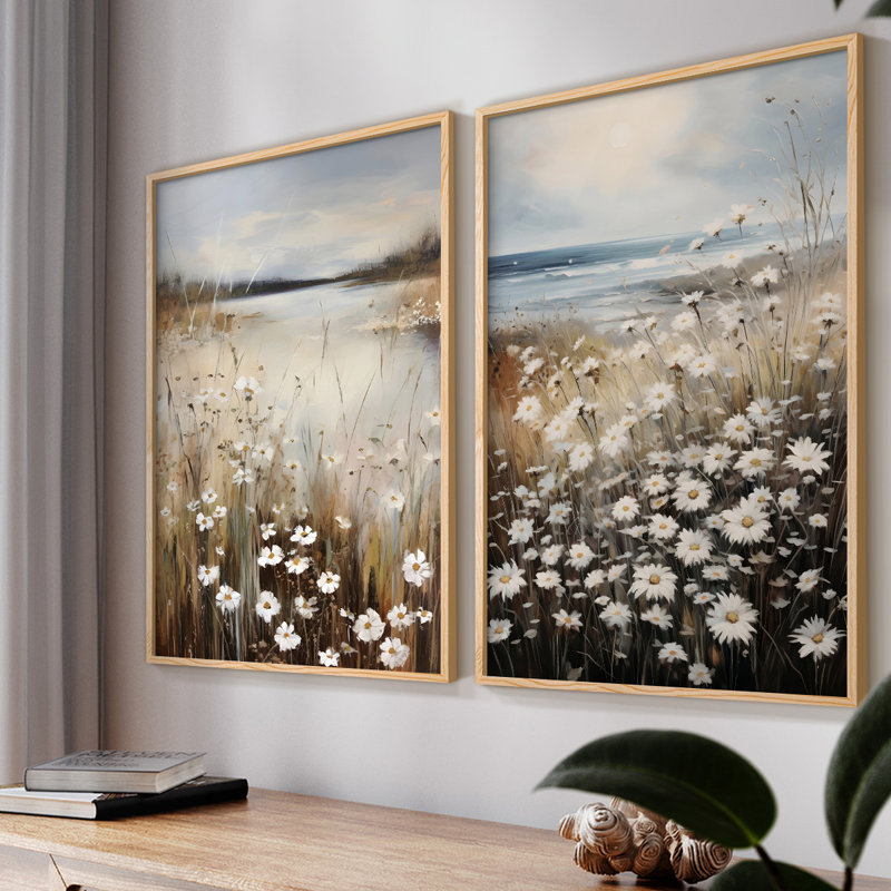 Rétro, impression florale et giclée sur fond vintage - Ensemble de 2, Naturel, H 23 po x l 58 po