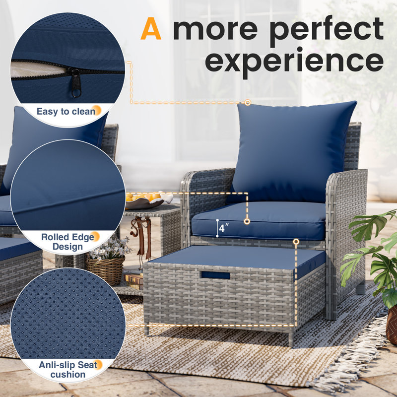 Billmont Wicker/Rattan 2 Person Seating Patio Conversation Sets With Ottoman,  Navy Blue Cushion/Gray Frame