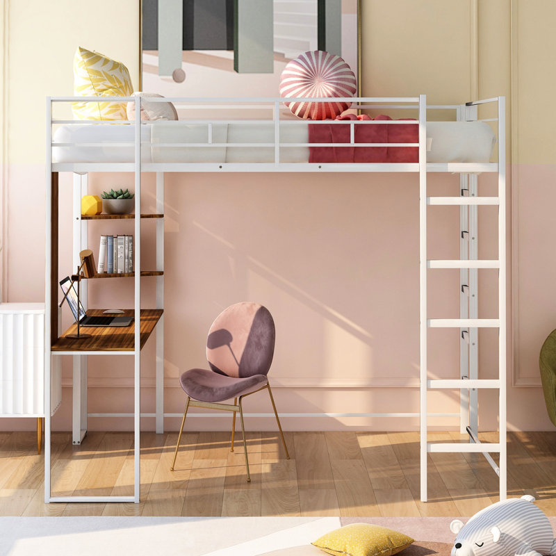 Lit mezzanine double en métal blanc avec bureau et 2 tablettes, Blanc / Brun