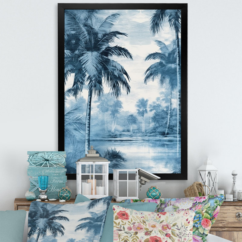 Palmiers bleus rétro, impression sur toile, palmiers, ombres, H 40 po x l 30 po x P 1,5 po, Cadre simple noir