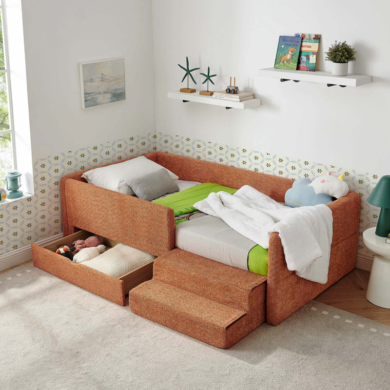 Lit simple multifonctionnel pour enfant avec garde-corps, marchepied de rangement et marchepied en tissu bouclé (80,5 po x 44,5 po x 23 po)