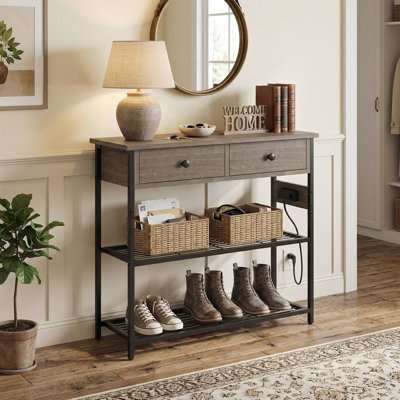 Slim Hallway Console Table With 2 Drawers And 2 Metal Mesh Storage Shelves For Entryway Living Room Foyer