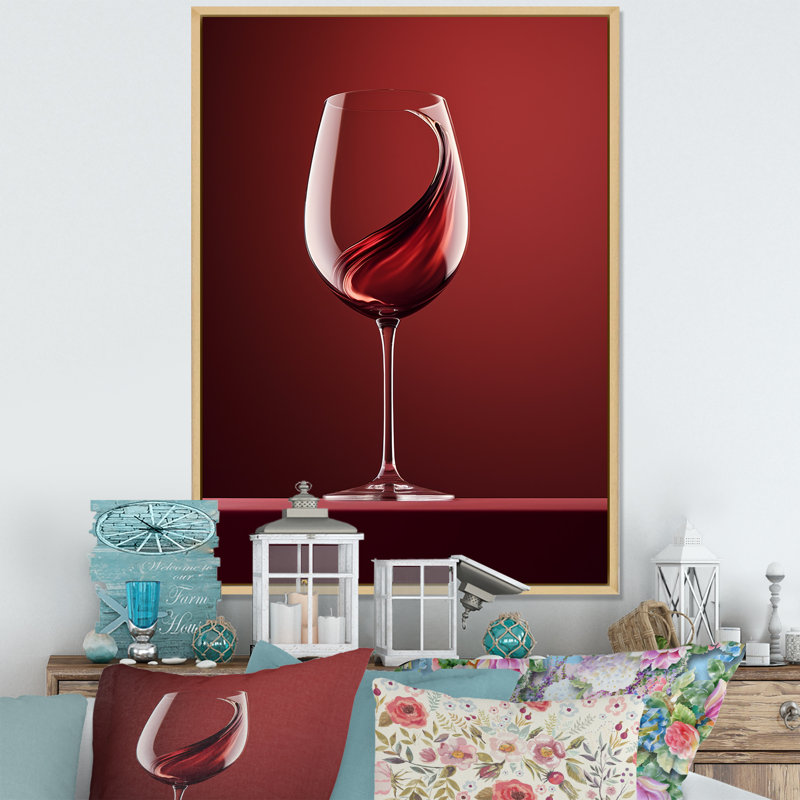 Verre à vin fantaisie encadré sur toile, H 44 po x l 34 po x P 1,5 po, Cadre naturel flottant