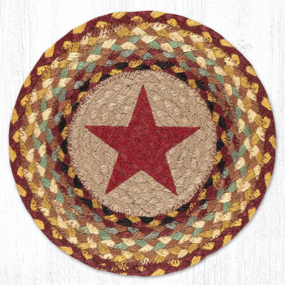  Round Trivet – Burgundy Star Printed Design, 10"x10", Braided Jute Table Protector