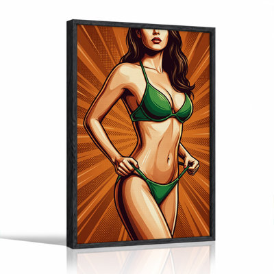 Woman in Green Bikini Pop Art Style Orange Background Canvas Wall Art
