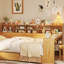 Lit de jour simple en bois avec tablettes de rangement, 2 tiroirs et bureau d'étude, naturel-163480085-163480084