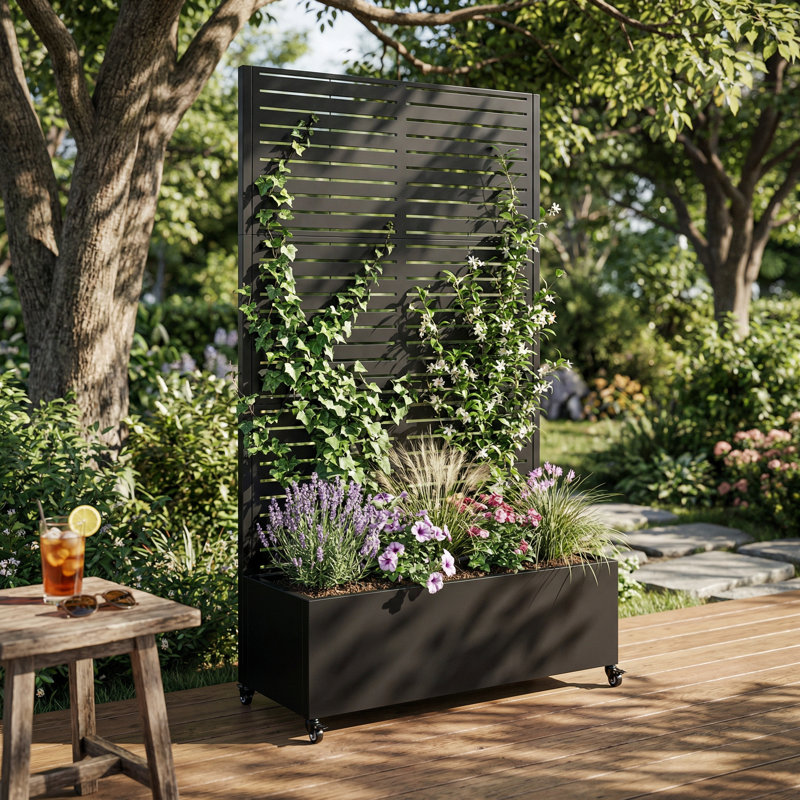 Grande jardinière surélevée en métal avec treillis intégré et roues verrouillables pour plantes grimpantes et légumes