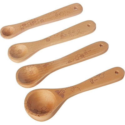 Laser Etched Beechwood Measuring Spoons | Set Of 4 | Honey Bee Design | Natural Wooden Measuring Spoons Set | Cute & Functional Kitchen Tools
