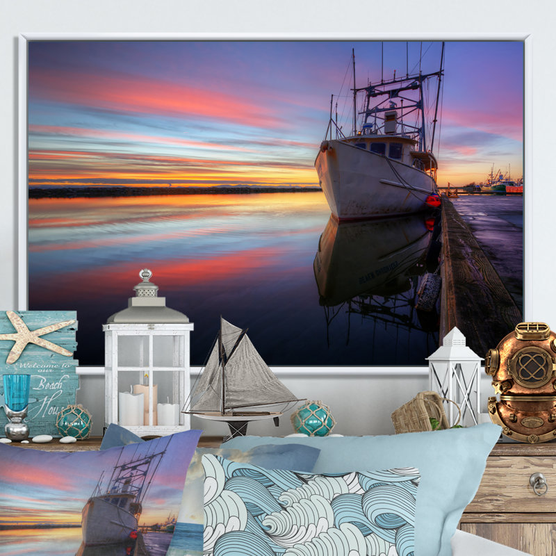 " Boat Docked At Shipyard Harbor ", 24" H x 36" W x 1" D, White Floater Framed Canvas